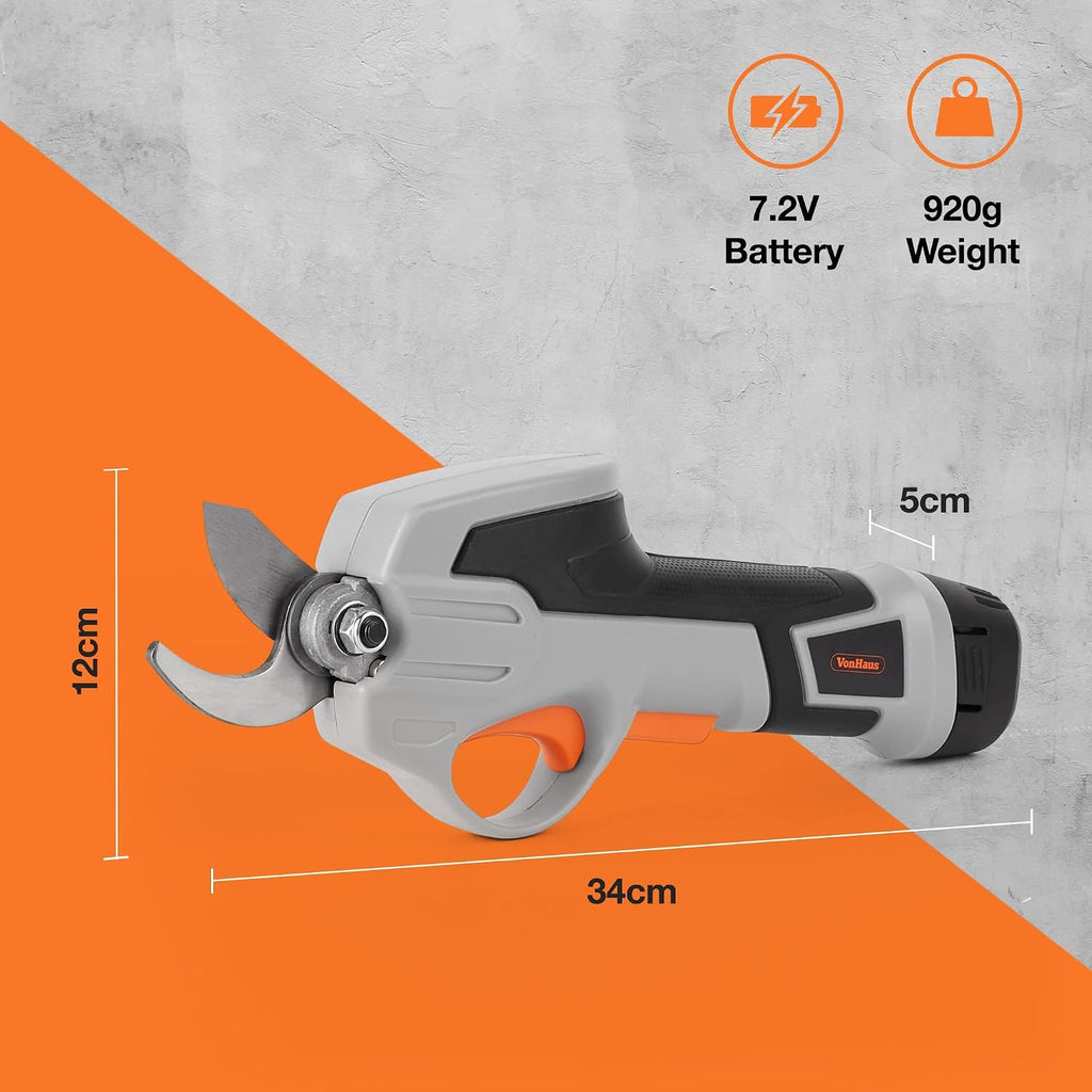 VonHaus Cordless Garden Secateurs 7.2V – Electric Pruning Shears for Gardening, Lightweight Pruner for Tree Twigs, Shrubs, Plants, Bushes & More – 800 Cuts from 1 Charge – Comfortable Ergonomic Handle