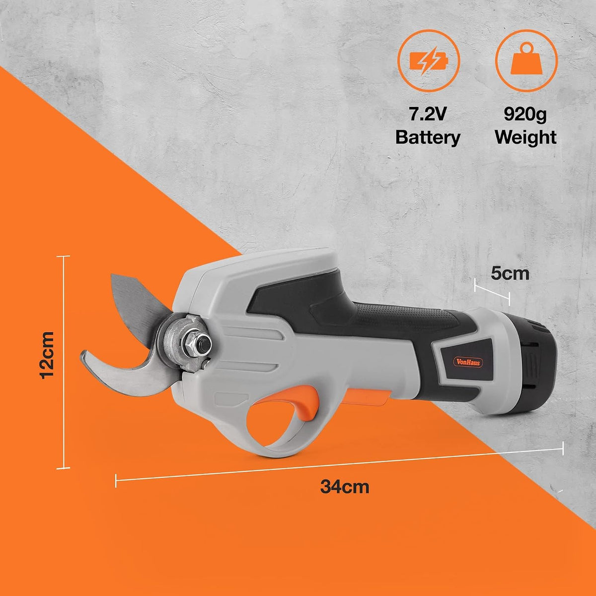 VonHaus Cordless Garden Secateurs 7.2V – Electric Pruning Shears for Gardening, Lightweight Pruner for Tree Twigs, Shrubs, Plants, Bushes & More – 800 Cuts from 1 Charge – Comfortable Ergonomic Handle