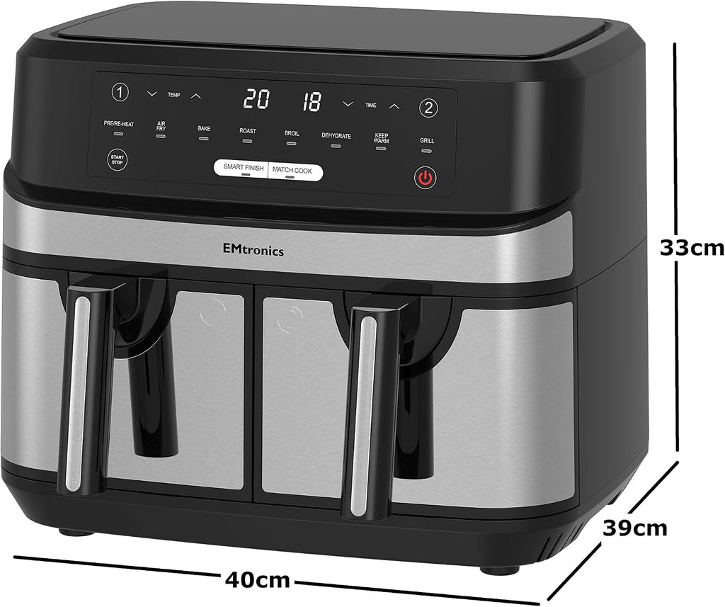 EMtronics EMAFDD9LSL Dual Air Fryer Extra Large Family Size Double XL 9 Litre with 8 Pre-Set Menus for Oil Free & Low Fat Healthy Cooking, Easy Clean Metal Interior, 99-Minute Timer - Stainless Steel