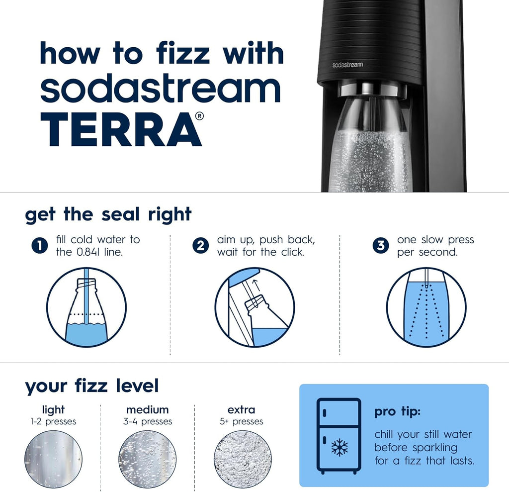 SodaStream TERRA Sparkling Water Maker, Soda Stream Machine Starter Kit with 1 CO2 Quick Connect 60L Gas Cylinder and 1 Reusable BPA Free Bottle, Make Pepsi at Home, Black