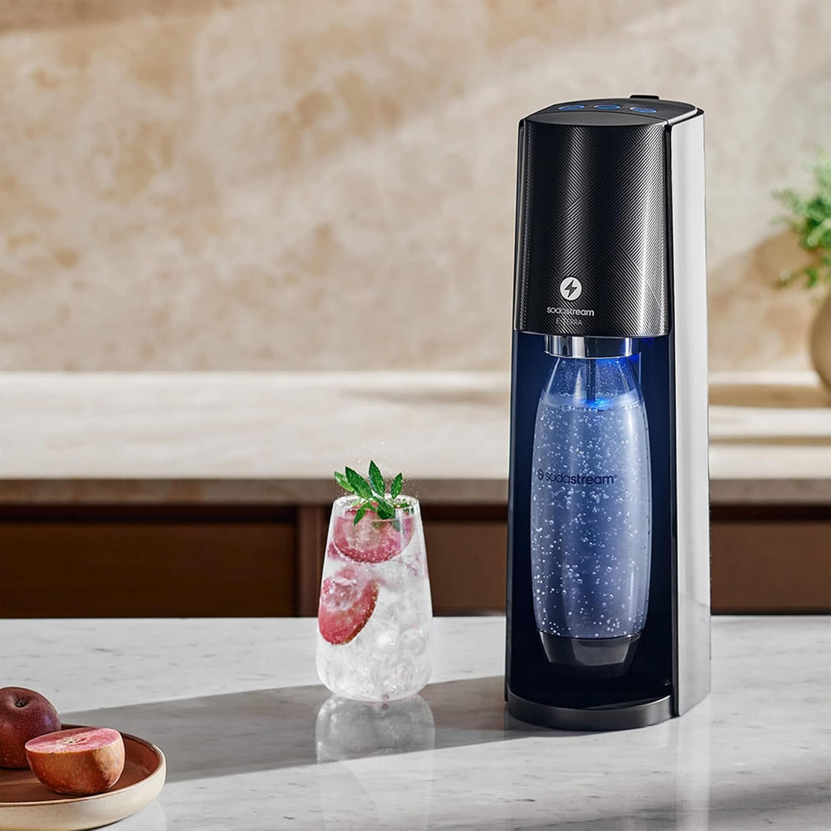 Sodastream - Electric Terra Sparkling Water Maker, 3 Carbonation Settings, Quick Connect CO2, Includes 60L Gas Cylinder, BPA-Free Bottle, Black
