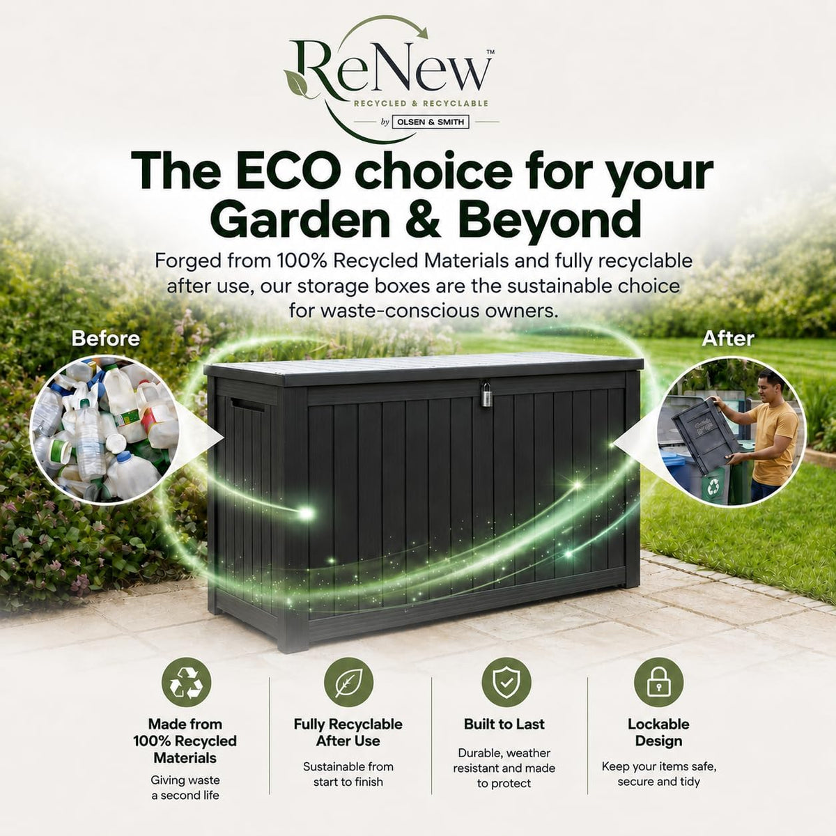 Olsen & Smith 570L Recycled Lockable Garden Storage Box & Bench Chest