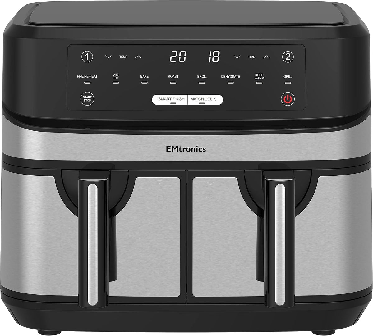 EMtronics EMAFDD9LSL Dual Air Fryer Extra Large Family Size Double XL 9 Litre with 8 Pre-Set Menus for Oil Free & Low Fat Healthy Cooking, Easy Clean Metal Interior, 99-Minute Timer - Stainless Steel