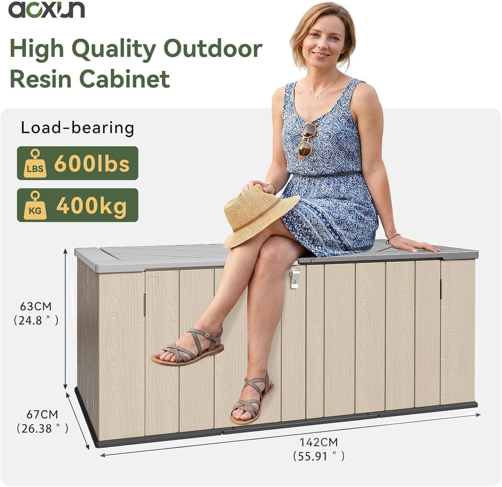 Garden Storage Box,600L Waterproof Resin Deck Box Bench with Lockable Lid & Handles,Outdoor Storage Box for Cushion Tool Toy and Pool Accessories(Brown)