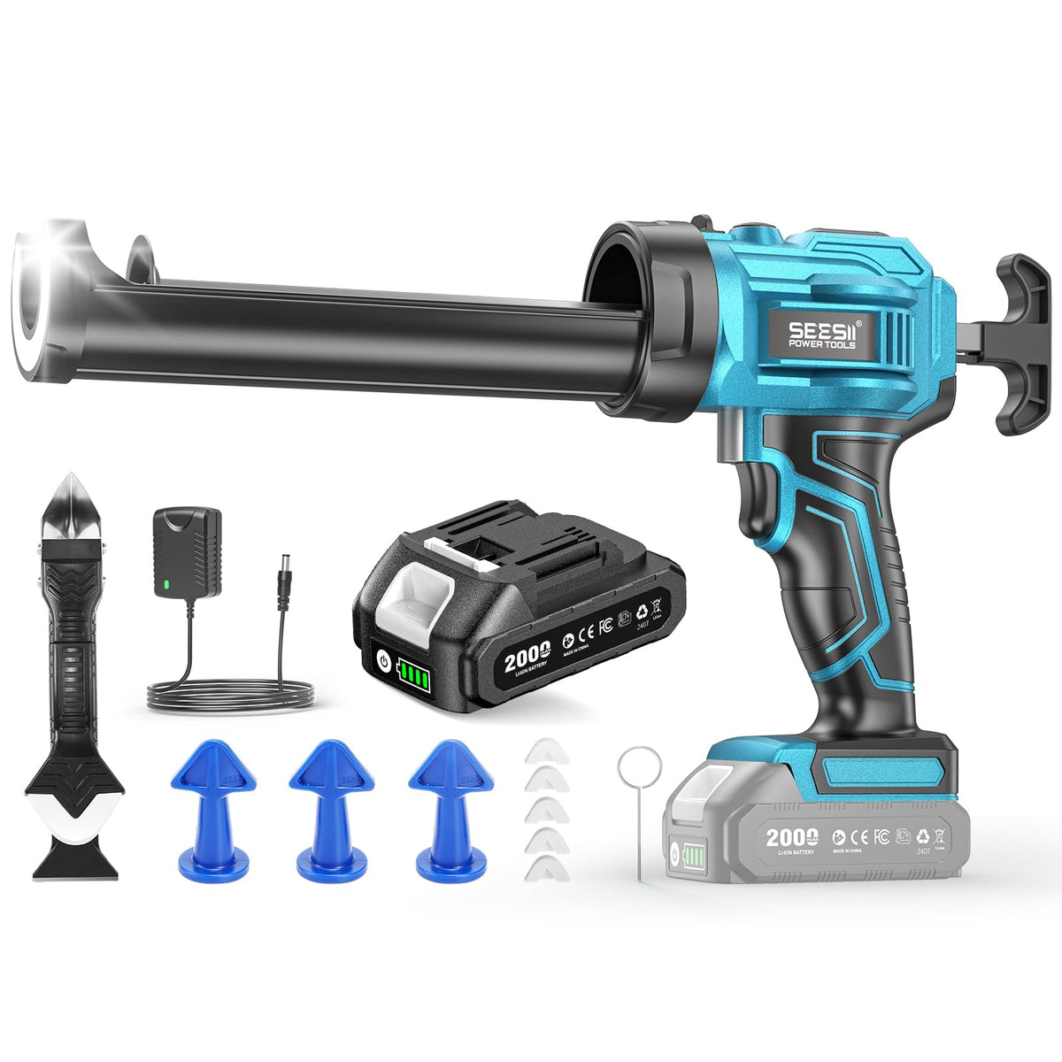 SEESII Silicone Sealant Gun with 2x2000mAh-Batteries for 10-10.5 Oz