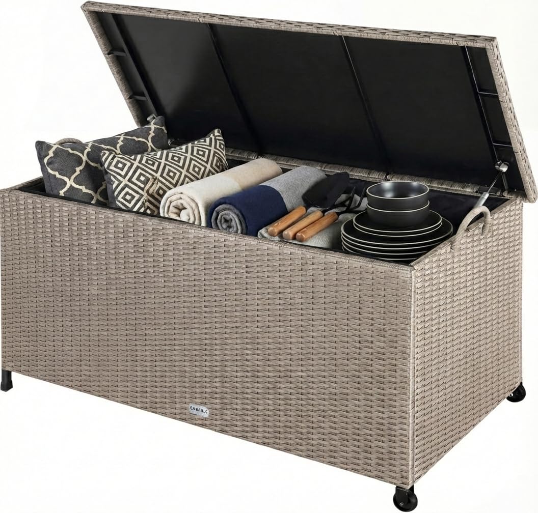 CASARIA® Rattan Garden Storage Box, Wheels & Carry Handle, Waterproof