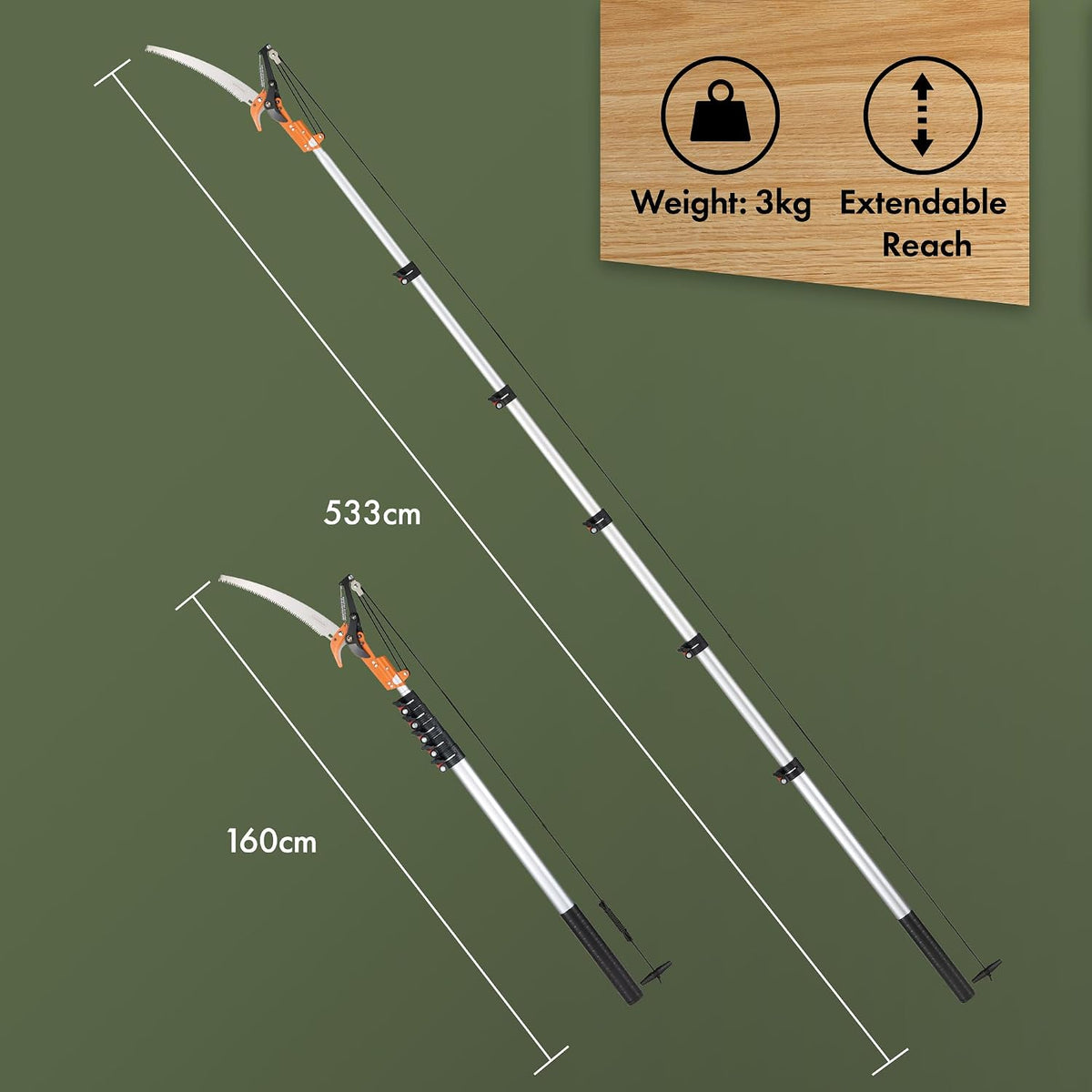 VonHaus Telescopic Tree Pruner & Lopper 2 in 1 – Long Reach 5.3m Cutter, Retractable & Extendable Pole Saw for Branches – Lightweight Aluminium Pole, Steel Blade – Blade Cover Included