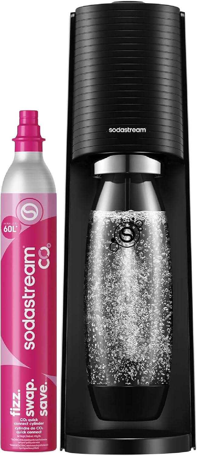 SodaStream TERRA Sparkling Water Maker, Soda Stream Machine Starter Kit with 1 CO2 Quick Connect 60L Gas Cylinder and 1 Reusable BPA Free Bottle, Make Pepsi at Home, Black