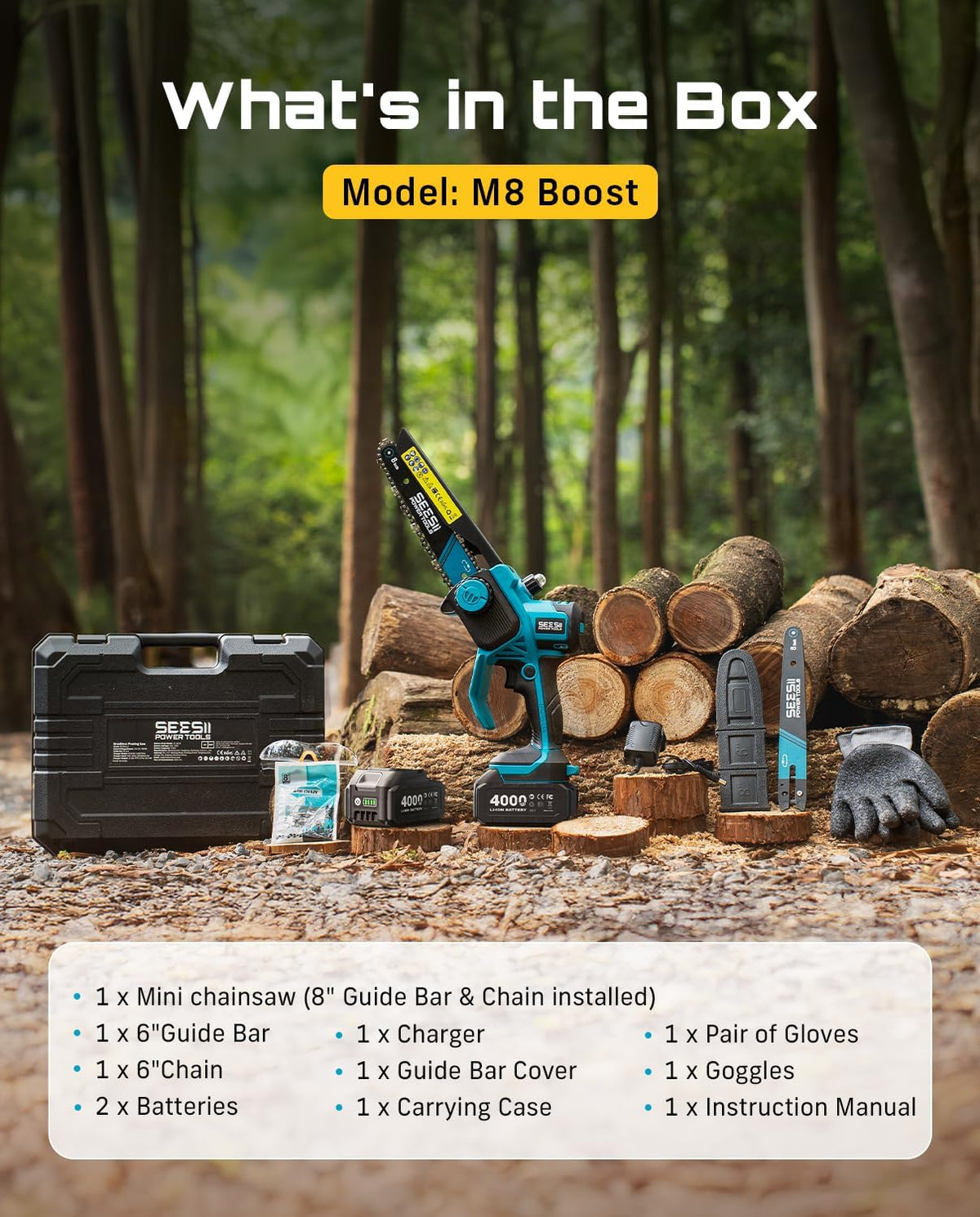 SEESII Mini Chainsaw 8 Inch & 6 Inch, Brushless, 2x4000mAh Batteries