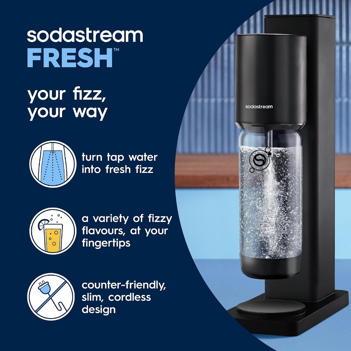 Sodastream FRESH Sparkling Water Maker Black Starter Kit, 2 CO2 & 1L Bottle