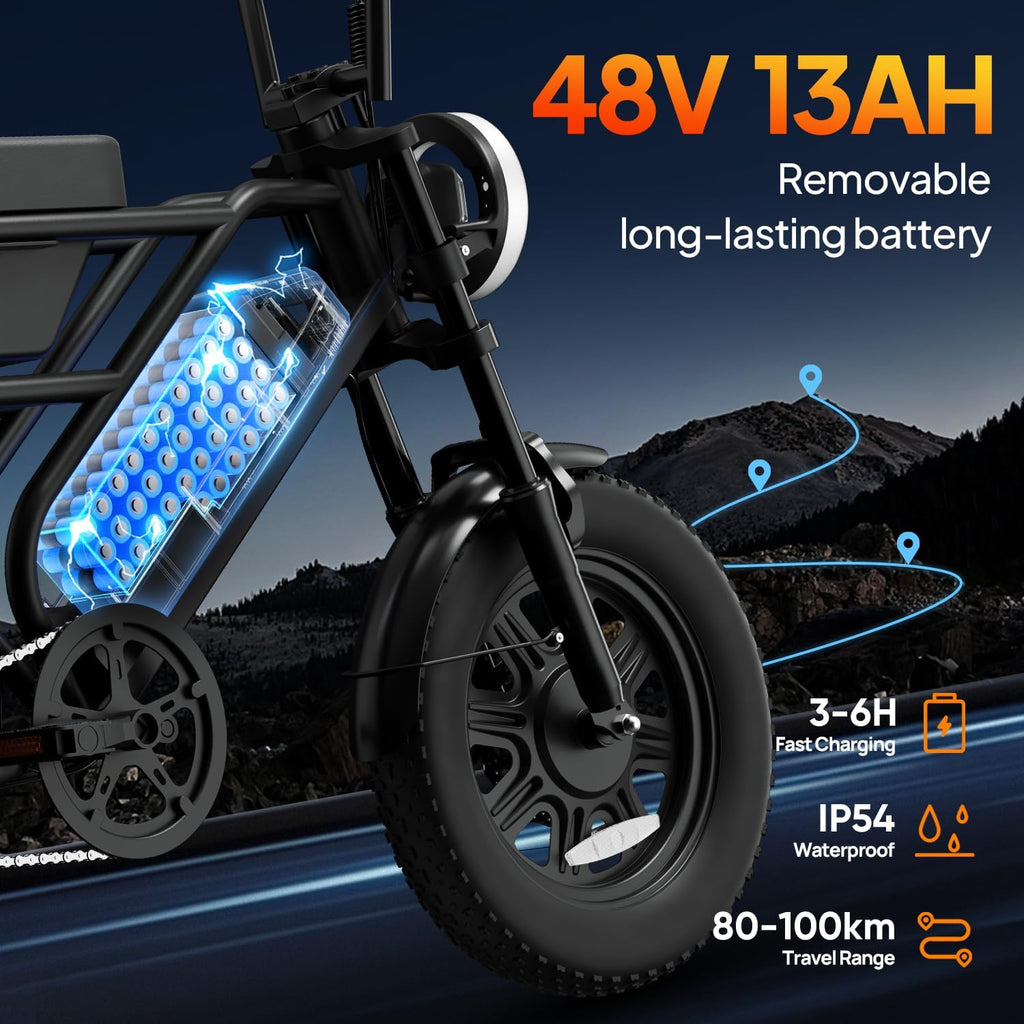 URLIFE Electric Bike for Adults, 16" x 3.0 Fat Tires Ebike, Range 100KM, 48V 13Ah Removable Battery and 250W Brushless Motor Electric Bicycle, Dual Suspension, Color LCD Display E Bike for Teens