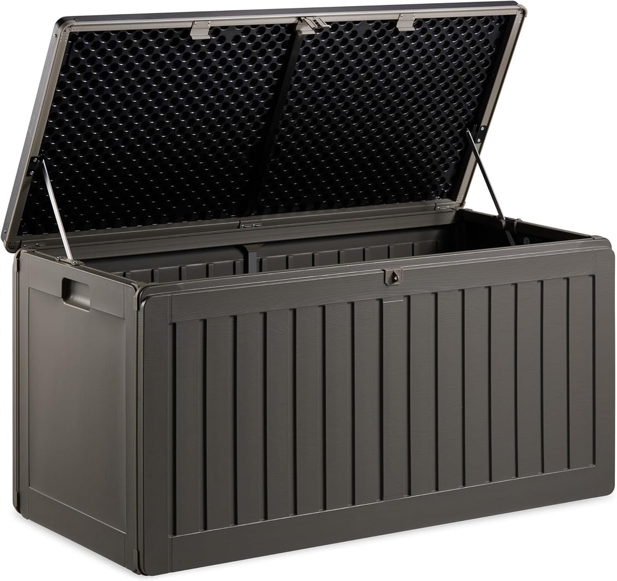 VonHaus Garden Storage Box 270L – Outdoor Utility Chest Organiser – Weatherproof Plastic, Lockable Lid, Sliding Bar Hinge, Carry Handles, Portable – For Garden, Patio, Balcony, Decking – Grey, Black