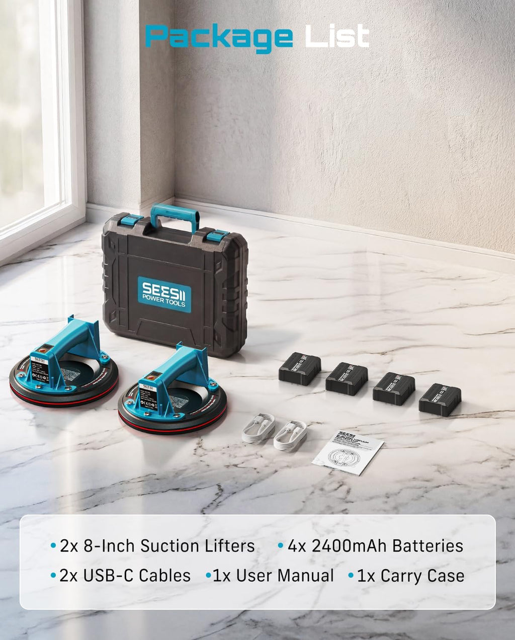 SEESII Electric Tile Suction Cup Lifters, 8-Inch Battery Glass Suckers Lifters with 4x 2400mAh Batteries, LED Display, 600 LBS Max Load Heavy-Duty Vacuum Suction Cups for Tile/Window/Granite