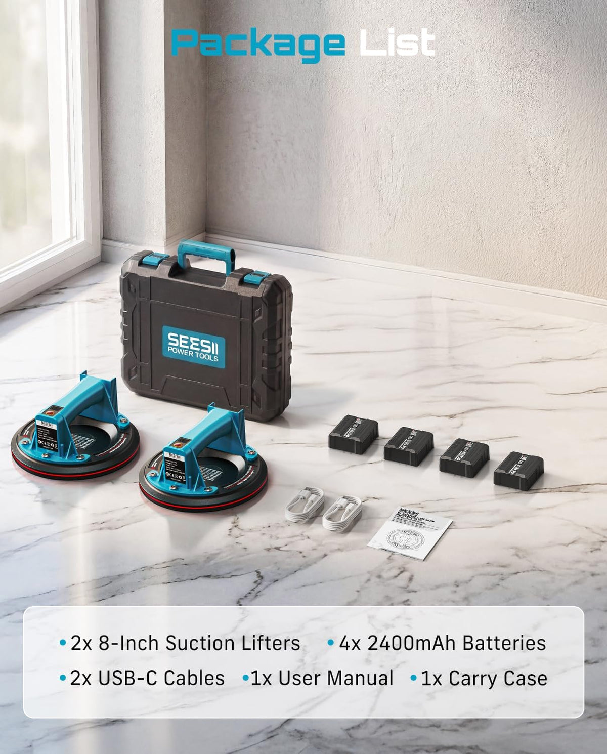 SEESII Electric Tile Suction Cup Lifters, 8-Inch Battery Glass Suckers Lifters with 4x 2400mAh Batteries, LED Display, 600 LBS Max Load Heavy-Duty Vacuum Suction Cups for Tile/Window/Granite
