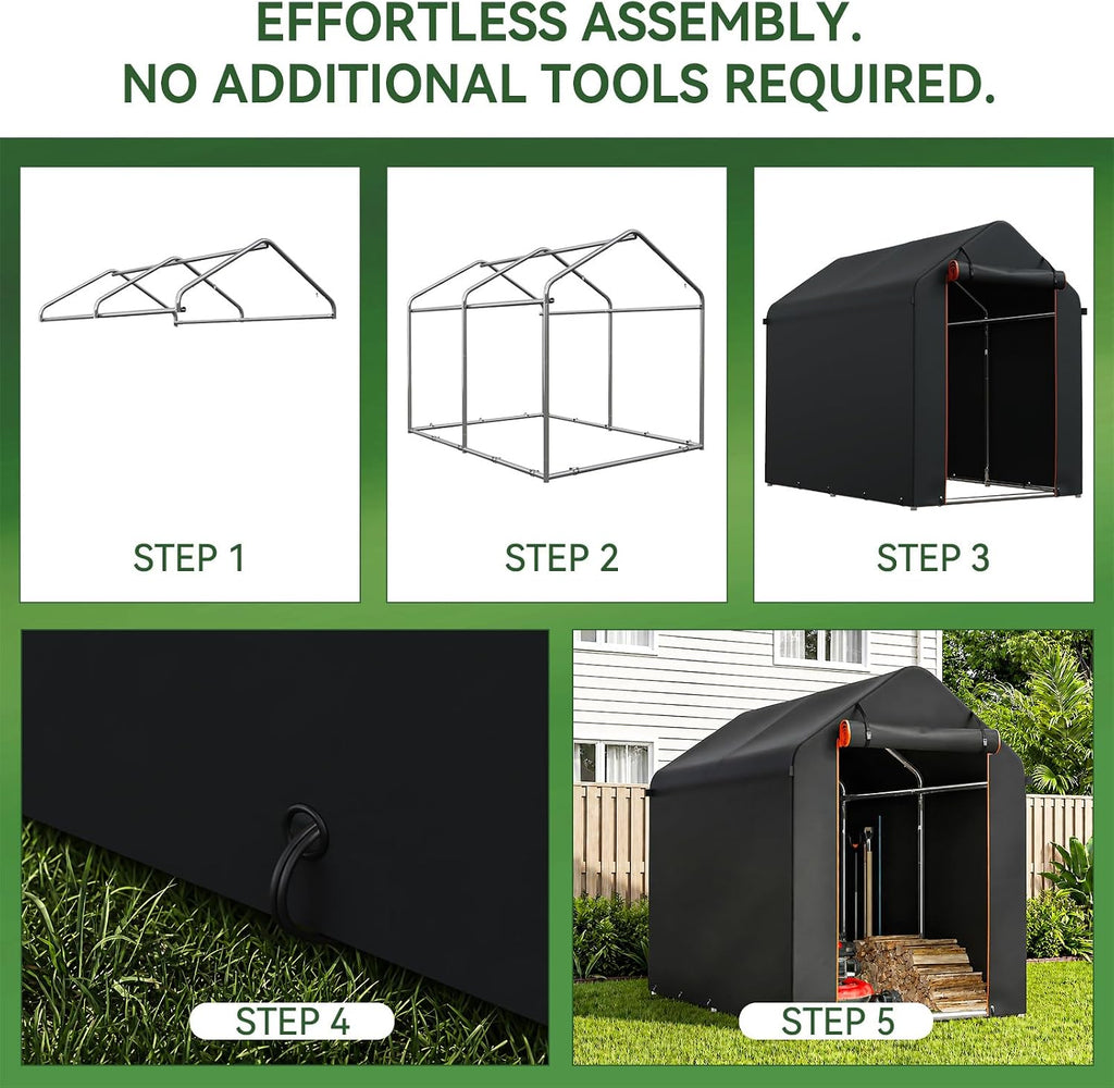 Aoxun 1.8x1.2M Heavy Duty Outdoor Storage Shed, Portable Waterproof Bike Shed Shelter and Garden Storage Tent, Roll-up Door Carport for Motorcycle and Lawn Tools, Black