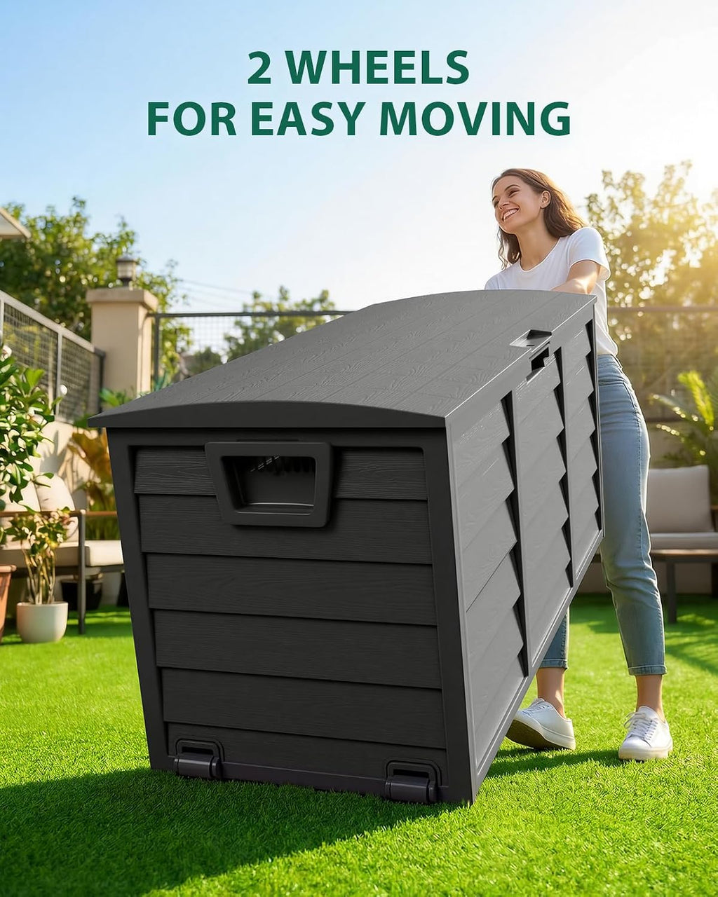 The Fellie Garden Storage Box with Wheels, 290L Lockable Garden Storage Boxes Waterproof, Plastic Outside Storage Box for Gardening Tools, Cushions, Toys, 112x49x54cm, Black
