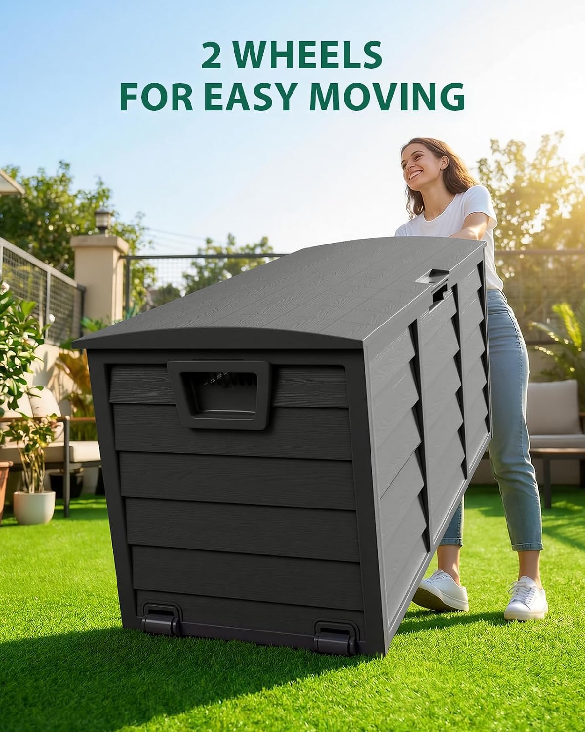 The Fellie Garden Storage Box with Wheels, 290L Lockable Garden Storage Boxes Waterproof, Plastic Outside Storage Box for Gardening Tools, Cushions, Toys, 112x49x54cm, Black