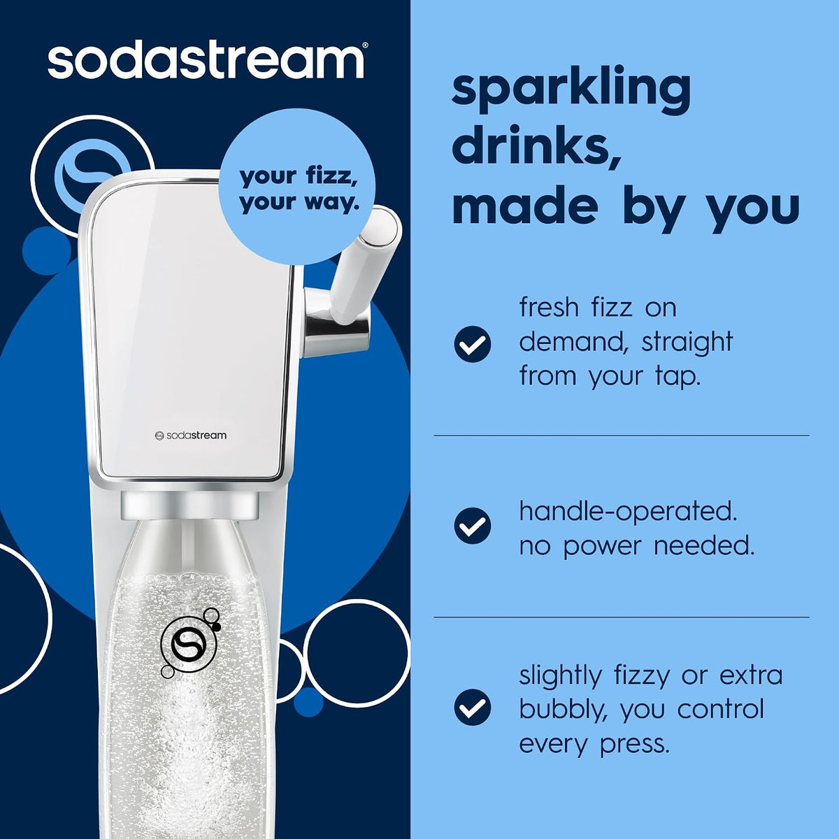 SodaStream ART Sparkling Water Maker, Soda Maker Starter Kit, Includes 1 Quick Connect 60L CO2 Gas Cylinder and 1 Dishwasher Safe BPA Free Bottle, Make your own Pepsi, White