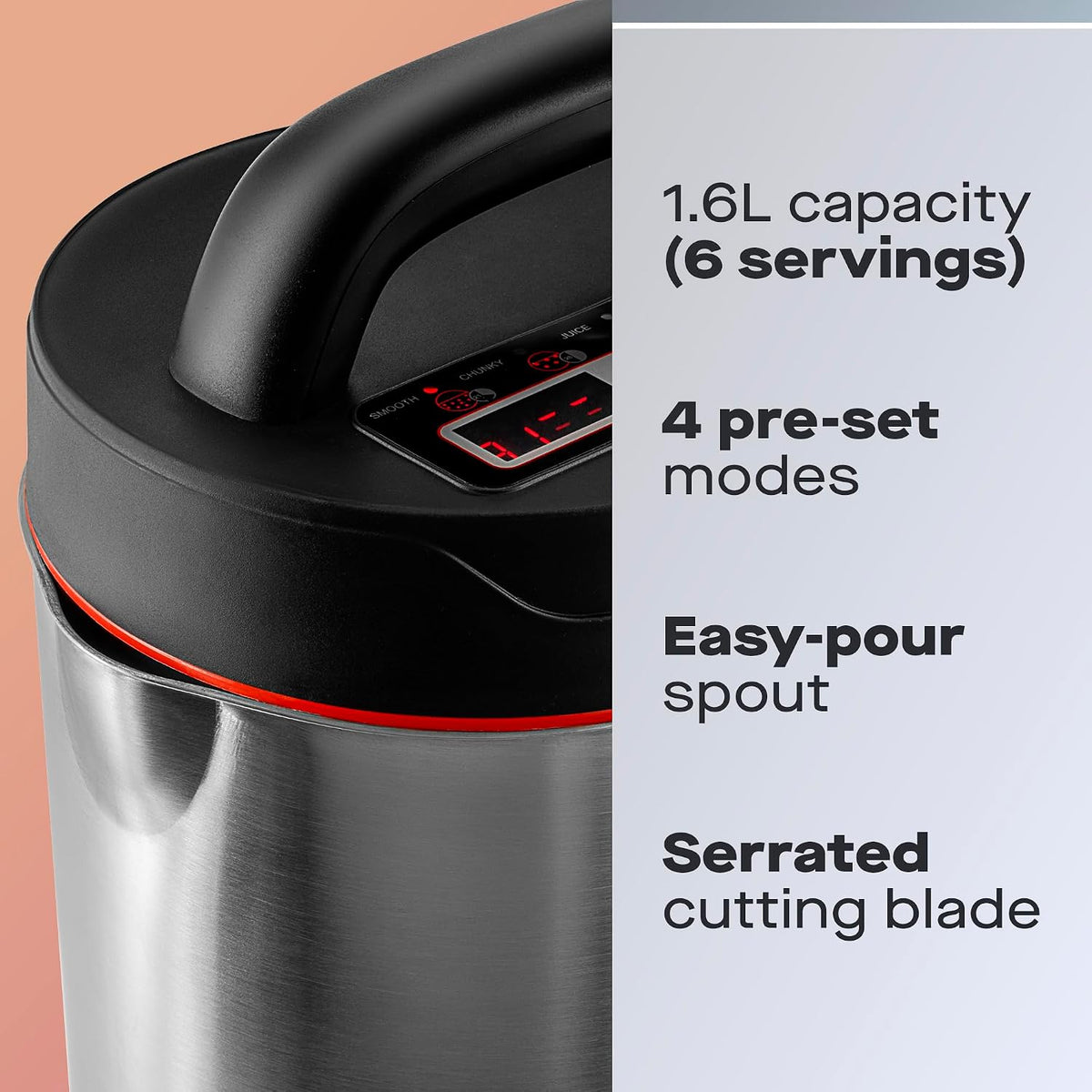Daewoo 2-in-1 Soup Maker & Smoothie Blender – 1.6l Compact Design, Auto Stir & Overspill Spout – Makes up to 6 Portions of Fresh Soup, Juices & Shakes – Easy Clean
