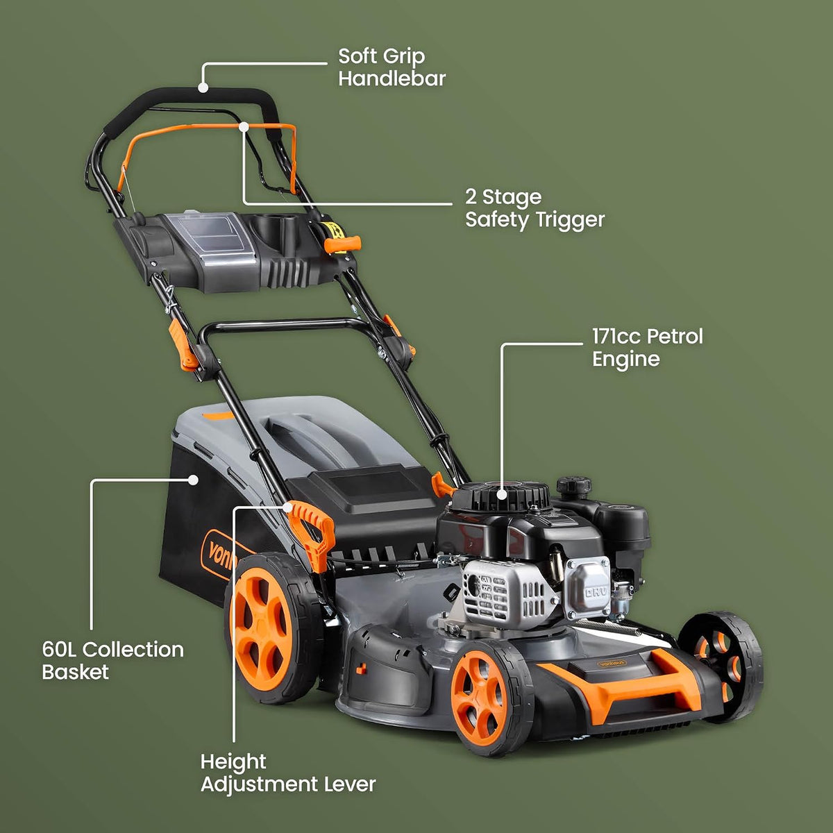 VonHaus Petrol Lawnmower 171cc – 60L Box, Self Propelled