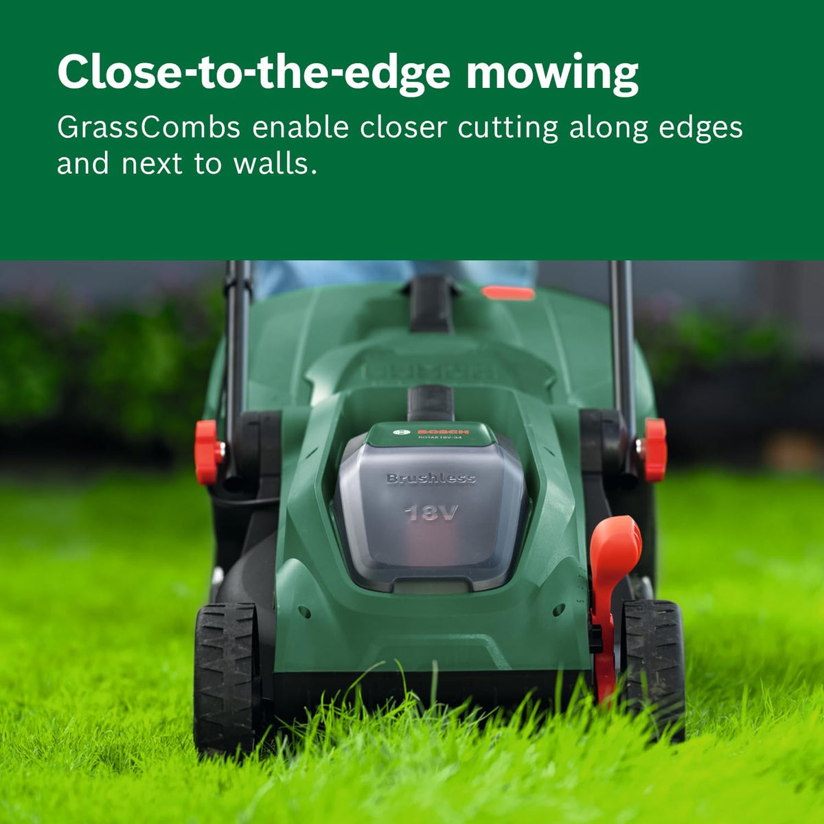 Bosch Cordless Lawn Mower ROTAK18V-34 (Cutting Width: 34 cm, Height of Cut: 25-65 mm, 35 l Fabric Grass Bag, Mulch plug, without Battery)