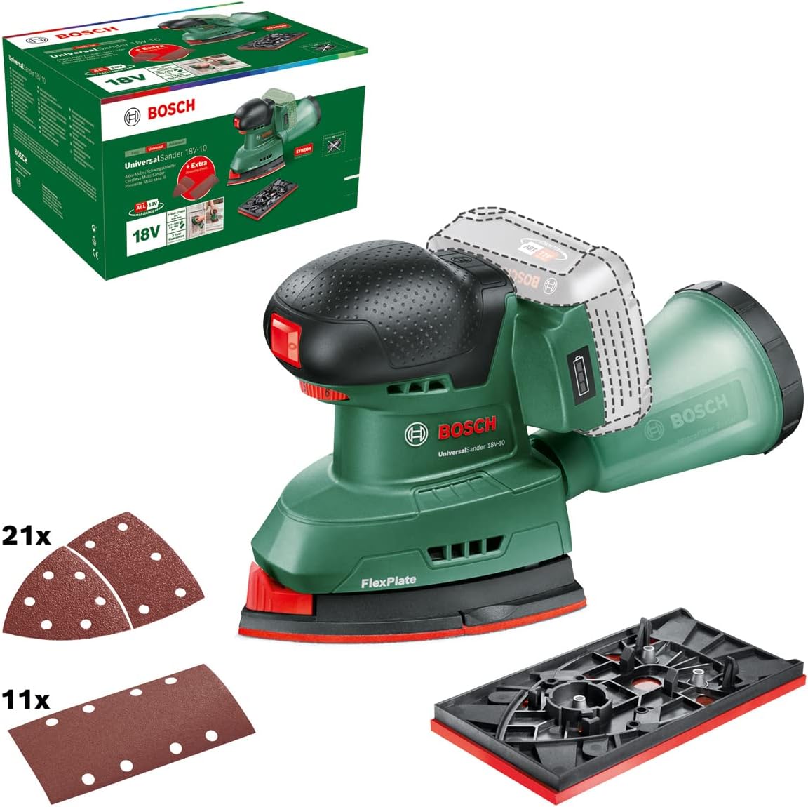 Bosch Cordless Sander UniversalSander 18V-10 (Without Battery; 18 Volt System; for DIY Woodworking; 32x Sanding Papers; in Carton Packaging) – Amazon Edition