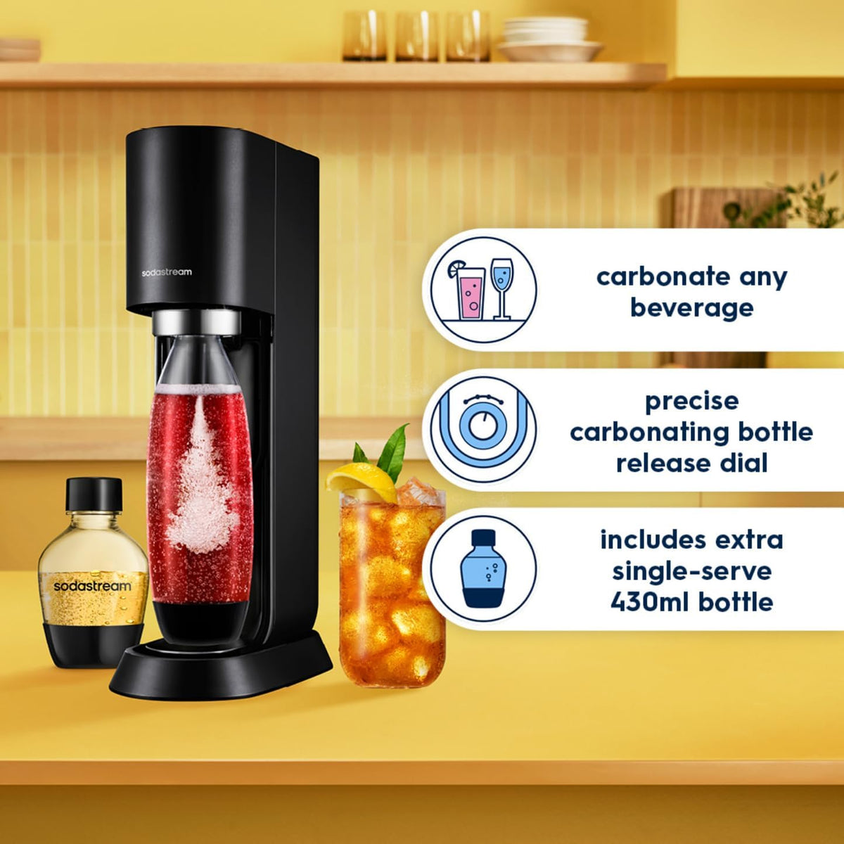 SodaStream MIX™, Sparkling Drink maker & Soda Maker, Carbonates Any Drink, With 1L Dishwasher Safe Carbonating Bottle and 1 CO2 Cylinder/Carbonator, Makes Up To 60L* Drinks, Black