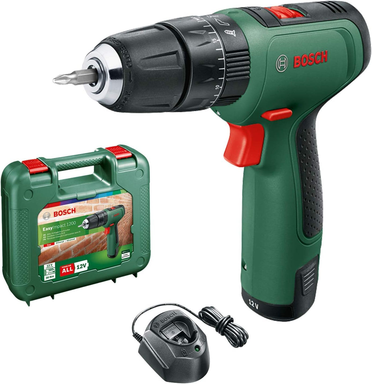 Bosch Home and Garden DIY tools 06039D3170 Cordless Hammer Drill EasyImpact 1200 (1x battery, 12 volt system, in carrying case)