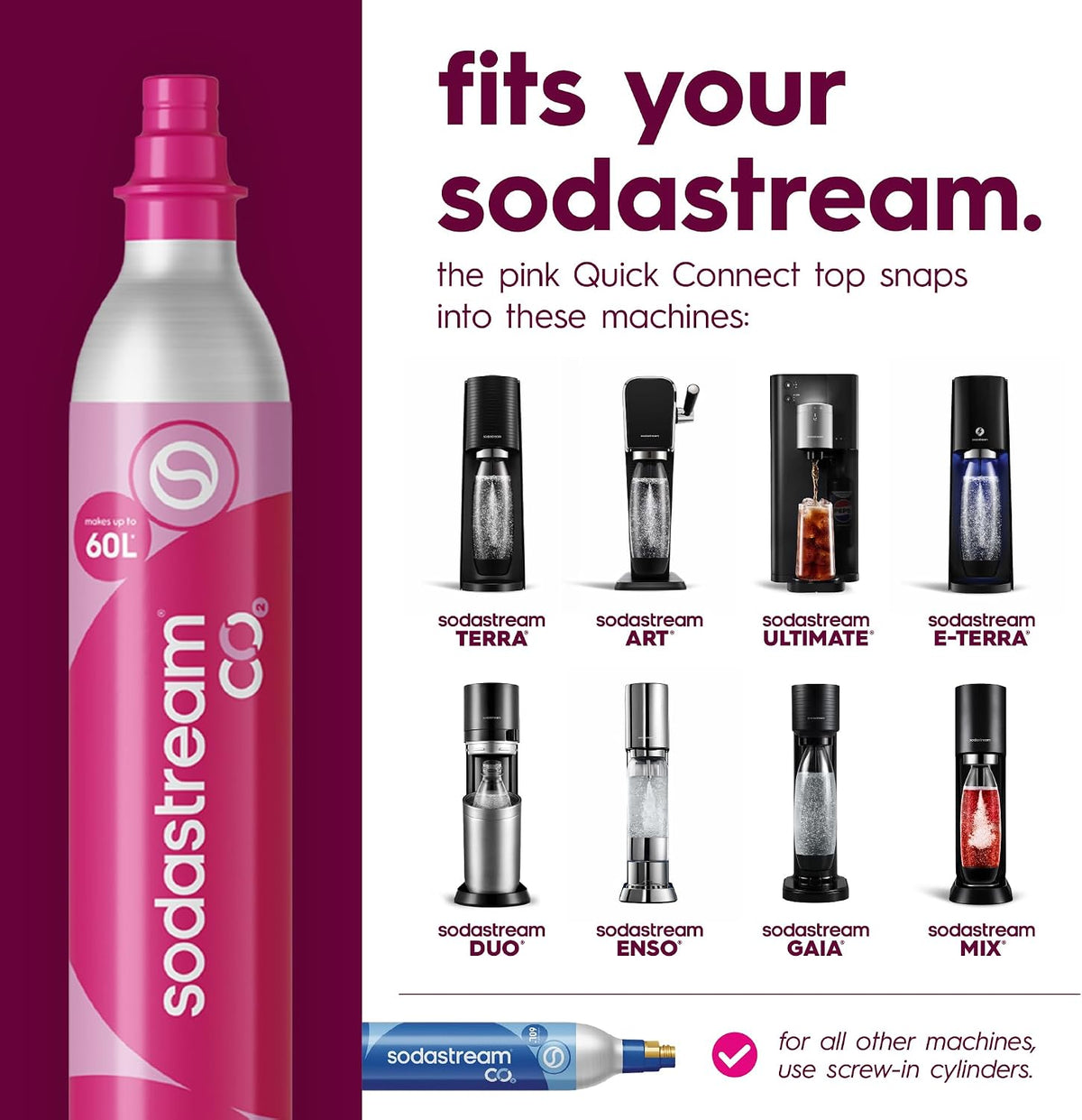 SodaStream CO2 Gas Cylinder Refill 2 Pack, 2 x 60L Pink Quick Connect, Soda Stream Gas Refill, Makes Up to 120 Litres, Compatible with Terra, Duo, Art, Gaia, ULTIMATE, E-Duo and ENSO