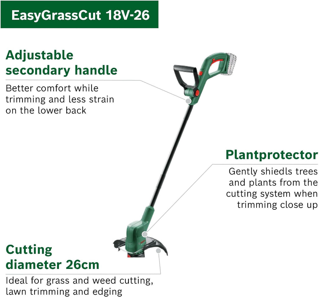 Bosch Cordless Grass Trimmer EasyGrassCut 18V-26 (Without Battery, 18 Volt System, Cutting Diameter: 26 cm, in Carton Packaging)