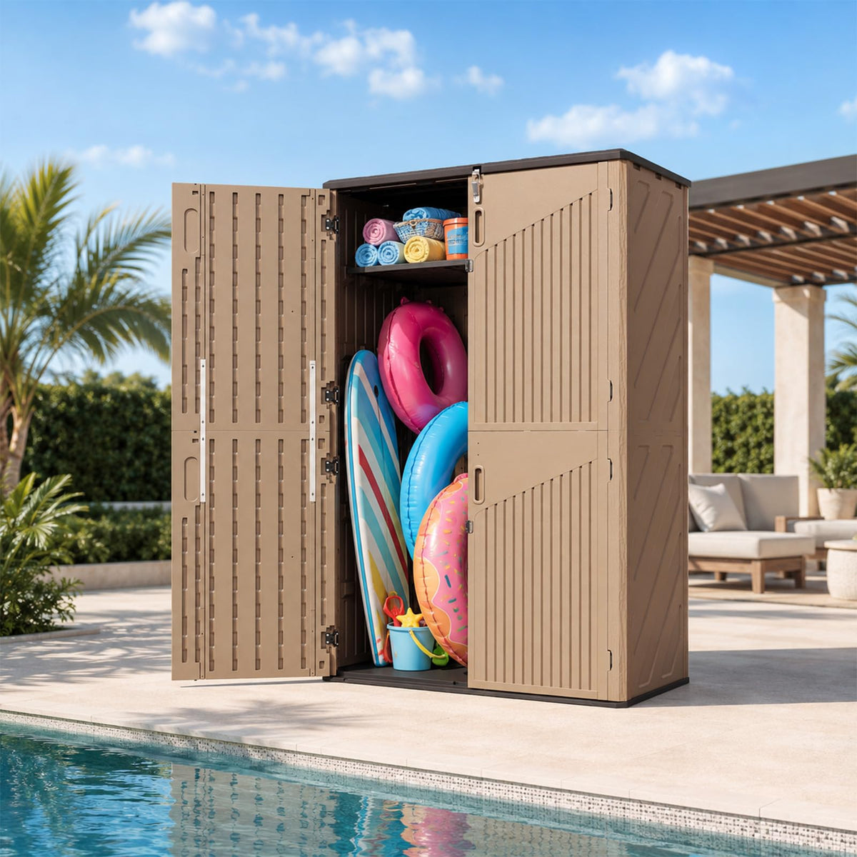 Garden Storage Box,600L Waterproof Resin Deck Box Bench with Lockable Lid & Handles,Outdoor Storage Box for Cushion Tool Toy and Pool Accessories(Brown)