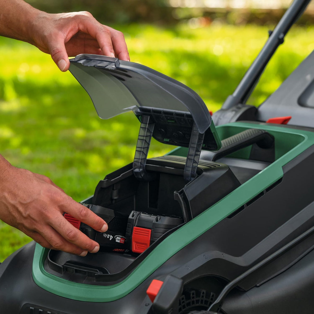 Bosch Cordless Lawn Mower ROTAK18V2-43 (Cutting Width: 43 cm, Height of Cut: 30-75 mm, 50 l Fabric Grass Bag, Mulch Plug, Without Battery)