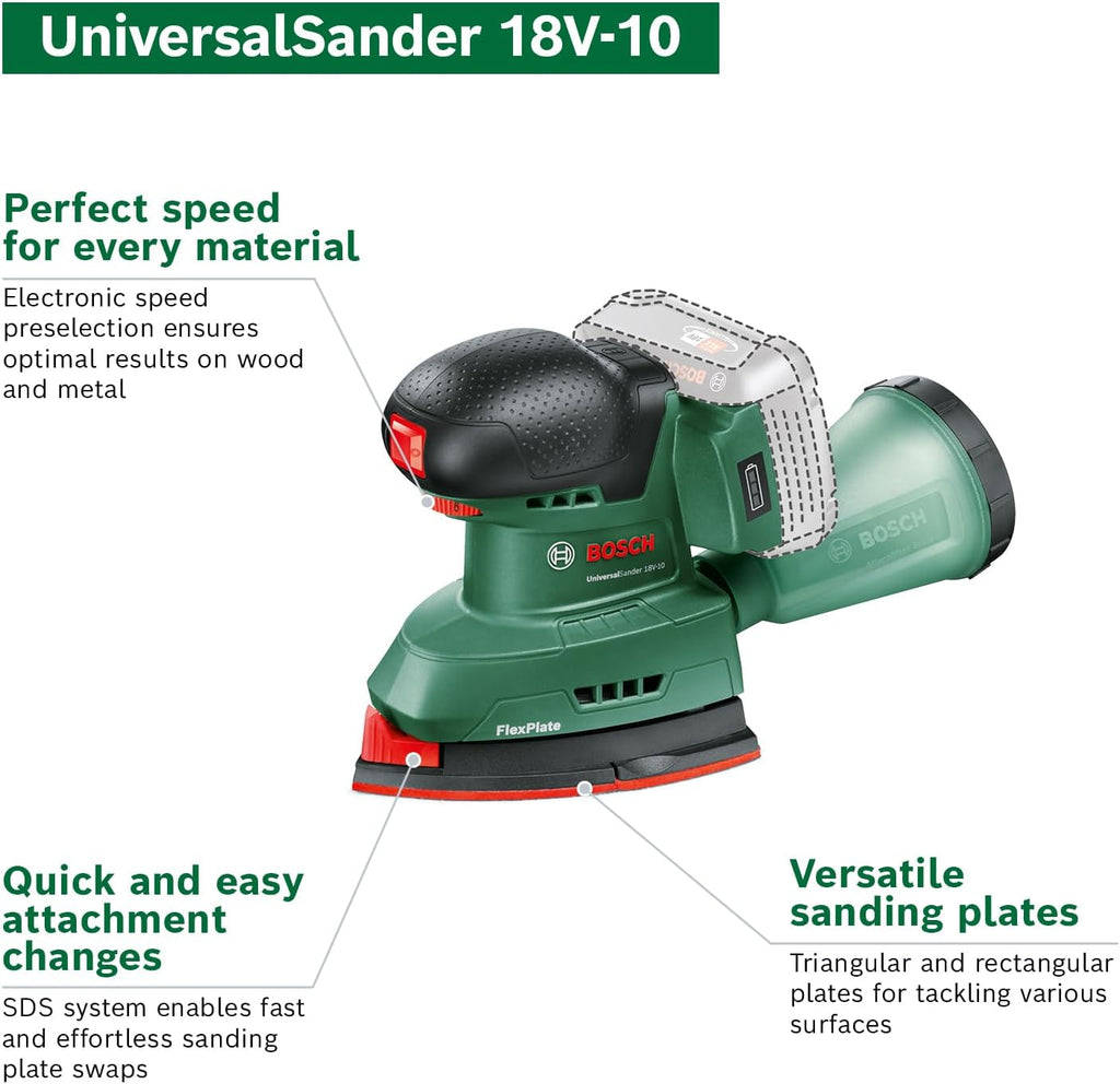 Bosch Cordless Sander UniversalSander 18V-10 (Without Battery; 18 Volt System; for DIY Woodworking; 32x Sanding Papers; in Carton Packaging) – Amazon Edition