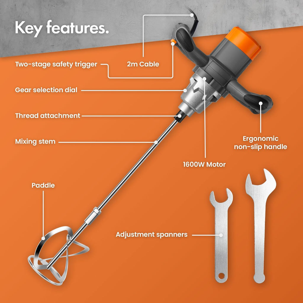 VonHaus Paddle Mixer – 1600W Electric Cement Mixer Handheld Stirrer with 2 Speed Settings (0–400/700RPM), Ergonomic Handle & Safety Switch – for Mixing Plaster, Mortar, Adhesive, Concrete & Paint