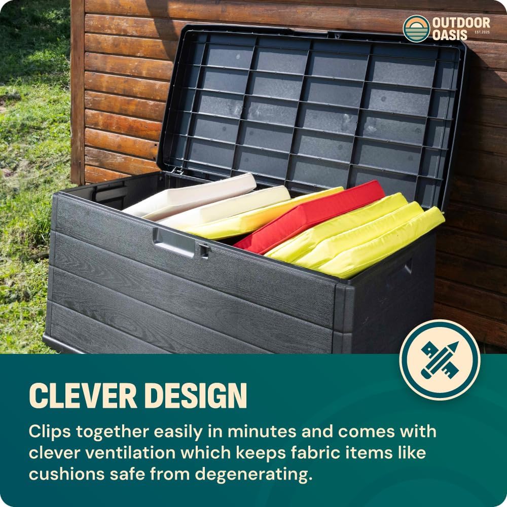 Large Garden Storage Box 340L – Plastic Outdoor Cushion Storage Chest with Lockable Lid – Water Resistant Deck Box for Parcels, Tools & Toys, Grey