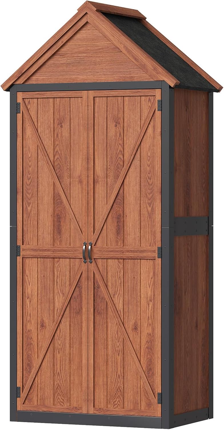 Aoxun Tall Wooden Garden Cabinet 70x38x166cm, 3 Shelves and Asphalt Roof
