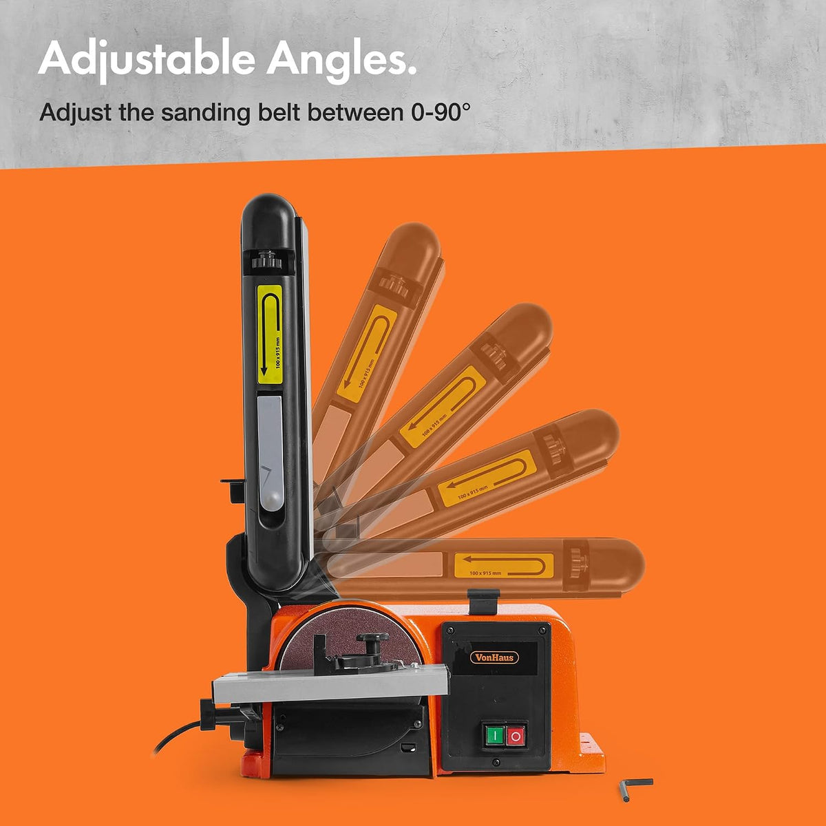 VonHaus Benchtop Belt & Disc Sander, 100mm x 915mm, with Cast Iron Base and Integrated Dust Port - Removable Table, Sanding Belt and Disc Included