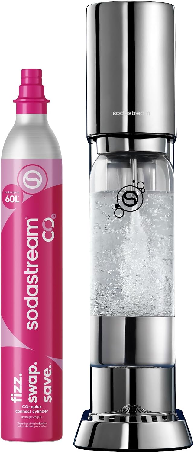 SodaStream ENSO Sparkling Water Maker, Premium Metallic Finish Soda Maker, Quick Connect CO2 System, 1 60L Gas Cylinder and 1 Dishwasher Safe BPA Free Bottle, Fizzy Water at Home, Silver