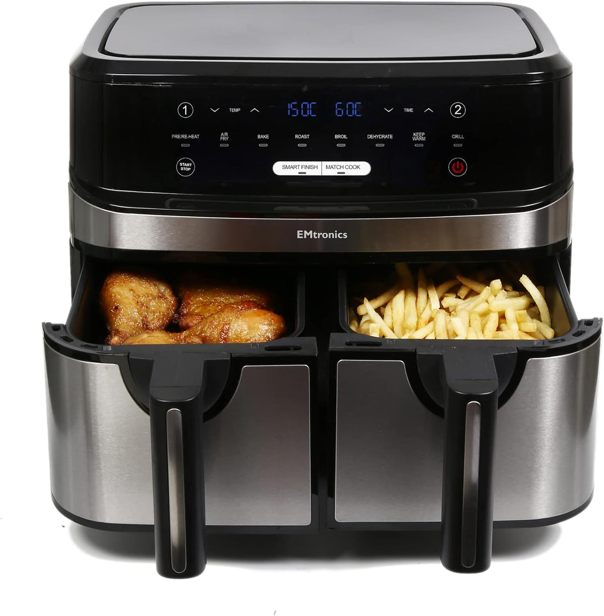 EMtronics EMAFDD9LSL Dual Air Fryer Extra Large Family Size Double XL 9 Litre with 8 Pre-Set Menus for Oil Free & Low Fat Healthy Cooking, Easy Clean Metal Interior, 99-Minute Timer - Stainless Steel