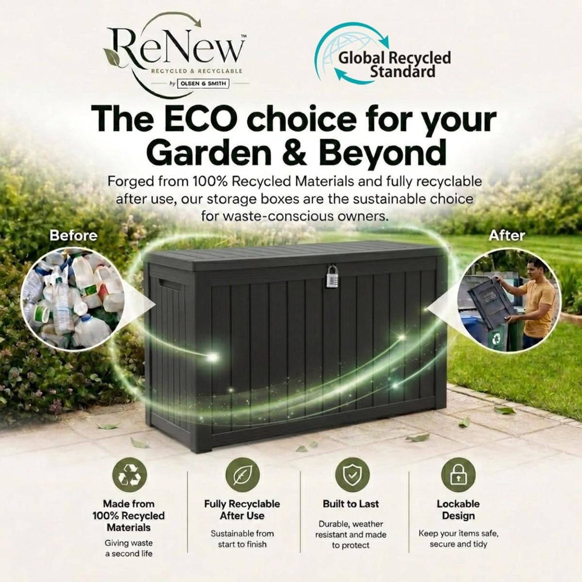 Olsen & Smith 680L Large Recycled Outdoor Garden Storage Box & Chest