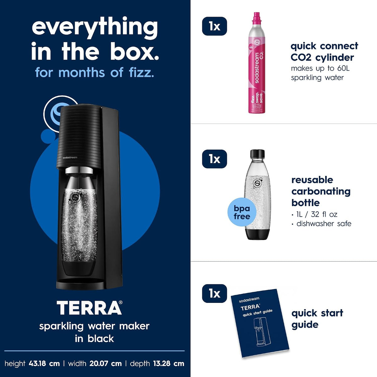 SodaStream TERRA Sparkling Water Maker, Soda Stream Machine Starter Kit with 1 CO2 Quick Connect 60L Gas Cylinder and 1 Reusable BPA Free Bottle, Make Pepsi at Home, Black