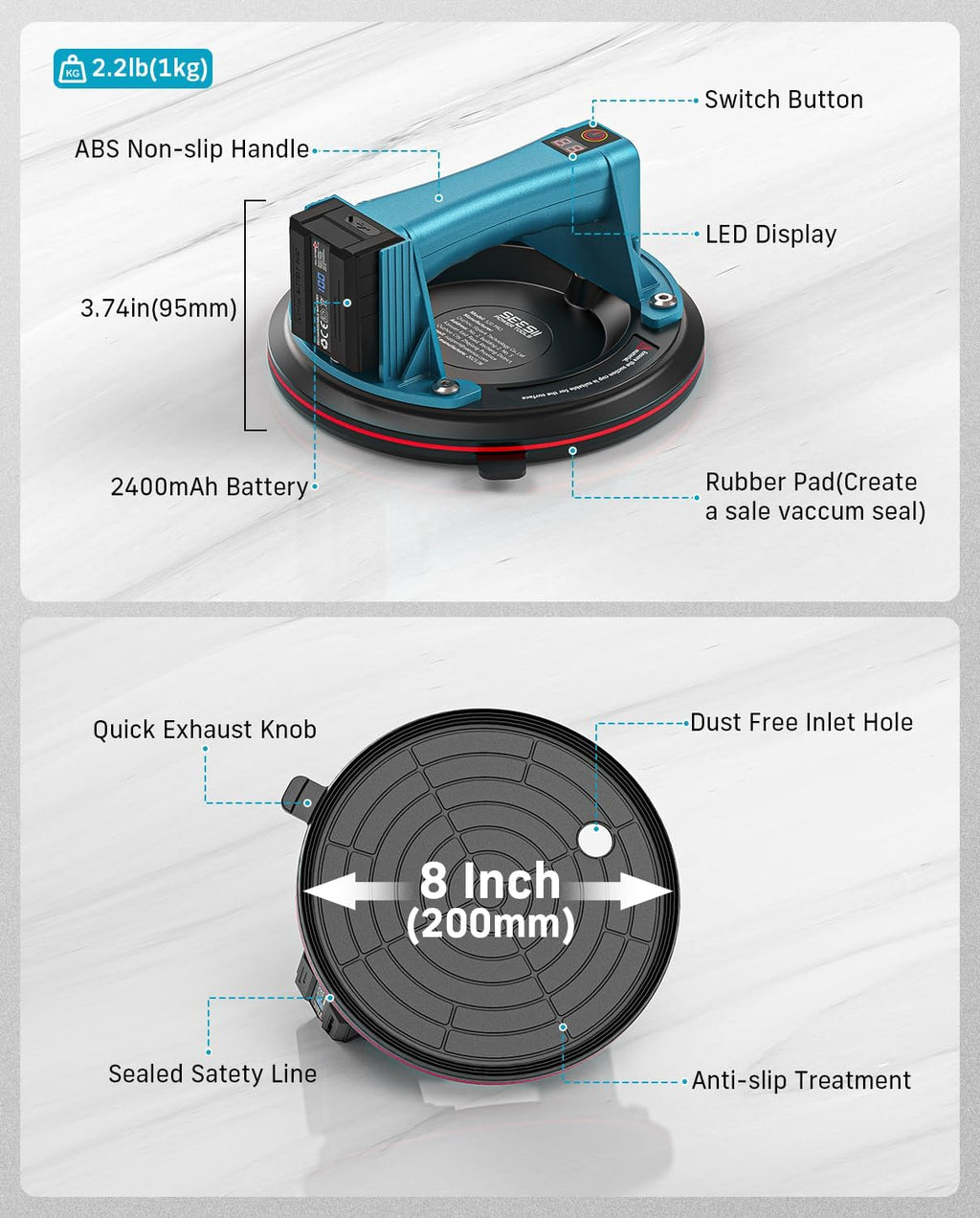 SEESII Electric Tile Suction Cup Lifters, 8-Inch Battery Glass Suckers Lifters with 4x 2400mAh Batteries, LED Display, 600 LBS Max Load Heavy-Duty Vacuum Suction Cups for Tile/Window/Granite