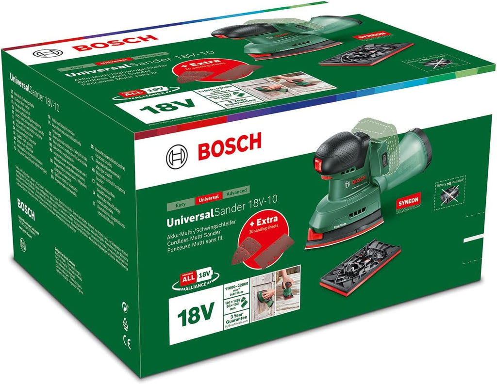Bosch Cordless Sander UniversalSander 18V-10 (Without Battery; 18 Volt System; for DIY Woodworking; 32x Sanding Papers; in Carton Packaging) – Amazon Edition