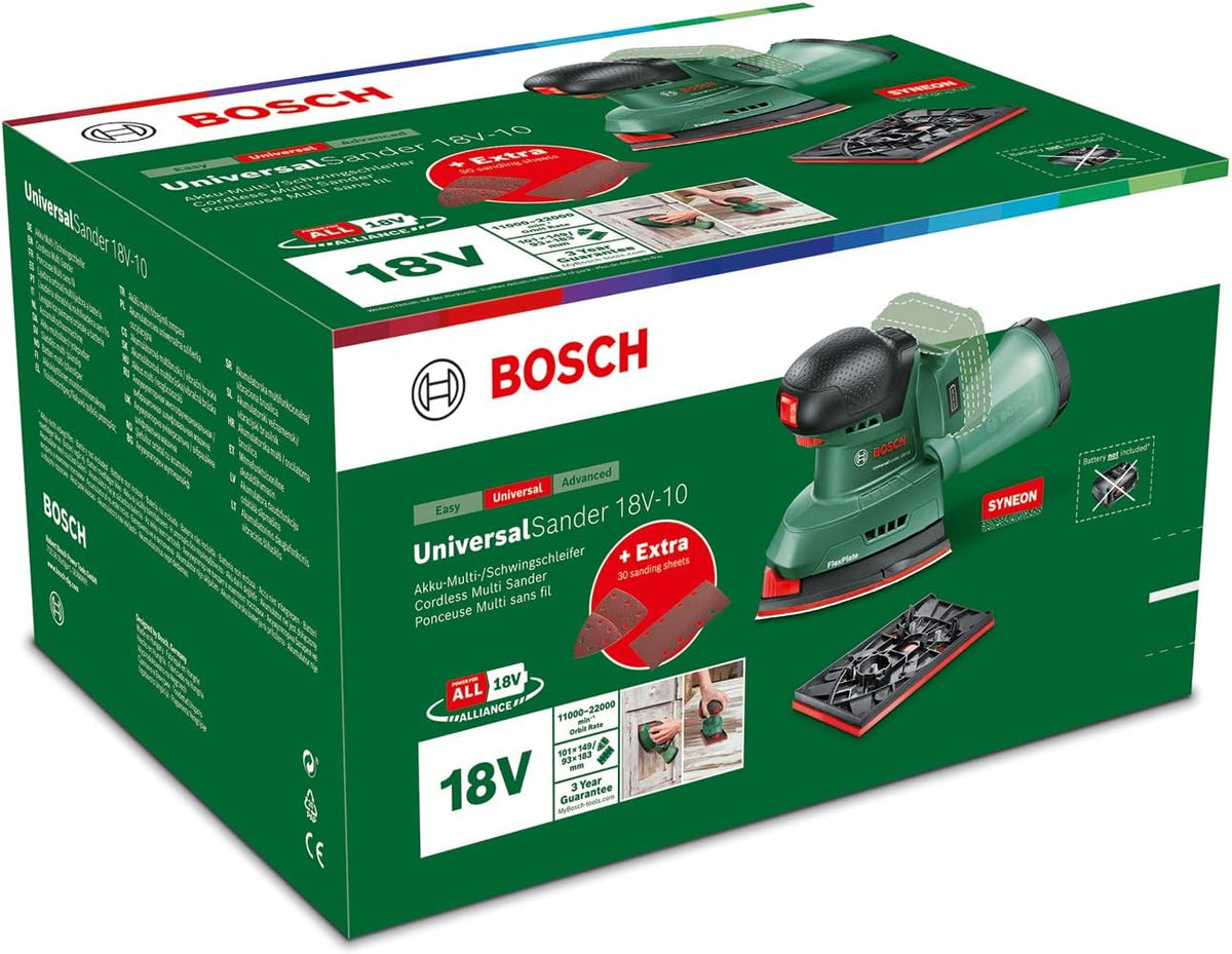 Bosch Cordless Sander UniversalSander 18V-10 (Without Battery; 18 Volt System; for DIY Woodworking; 32x Sanding Papers; in Carton Packaging) – Amazon Edition