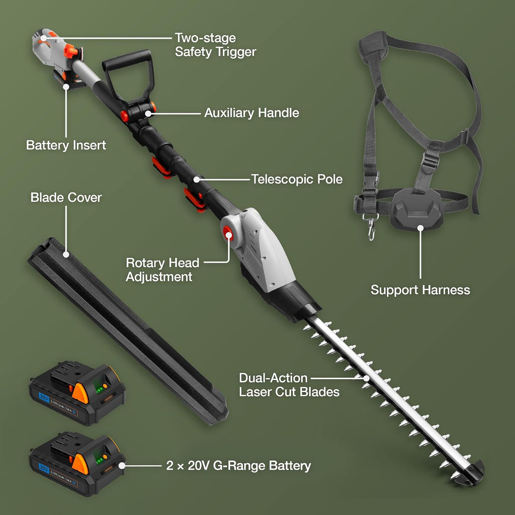 VonHaus Pole Hedge Trimmer Cordless 20V – x2 Batteries & Charger, G-Series