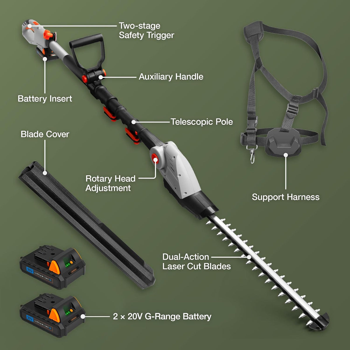 VonHaus Pole Hedge Trimmer Cordless 20V – x2 Batteries & Charger, G-Series