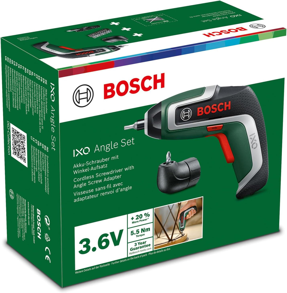 Bosch Home and Garden IXO Cordless Screwdriver (7th Generation, 3.6V, 2.0Ah, 5.5Nm, with Micro USB Cable, Includes Angle Attachment, Screws up to 190 Screws, in Box) - Amazon Edition