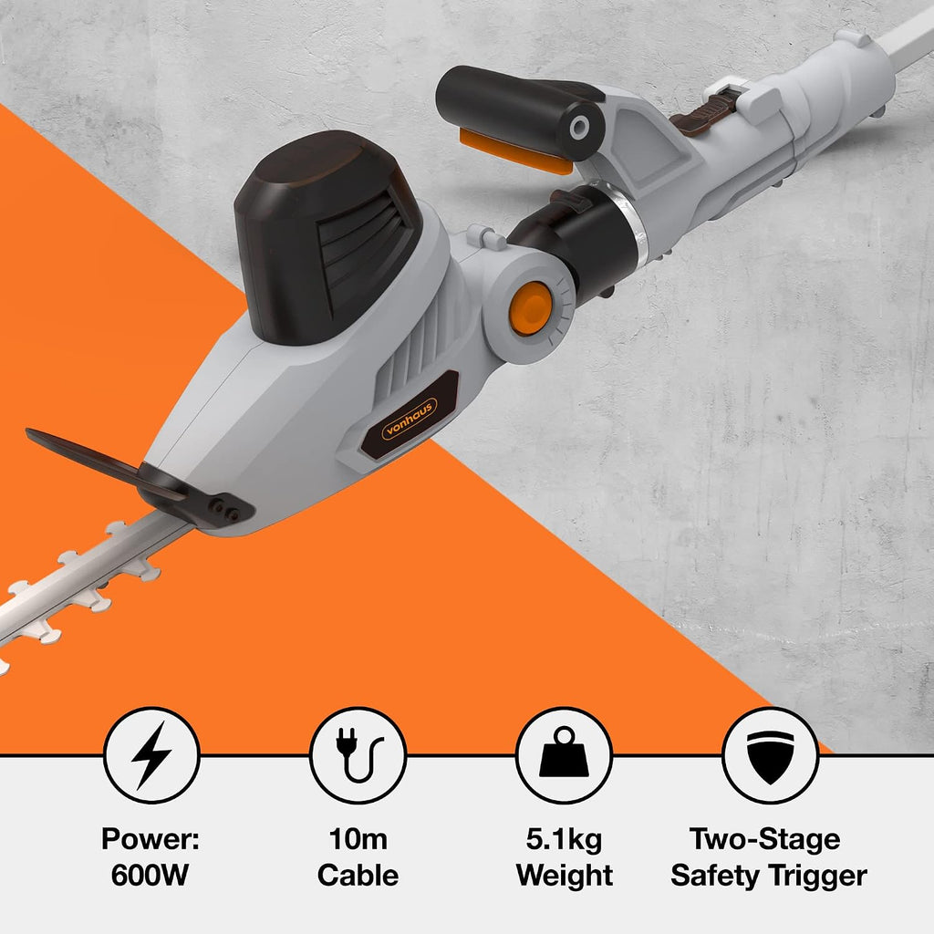 VonHaus Pole Hedge Trimmer Corded 600W – 10m Cable, Blade Cover, 45cm Blade