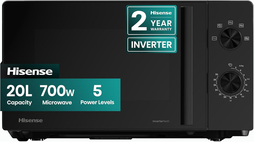 Hisense 700 Watts 20 Litre Inverter Microwave Oven H20MOBP1HIUK Black, Automatic Defrost, 5 power levels, Easy Clean, H24.1 x W43.4 x D32.9 cm Freestanding