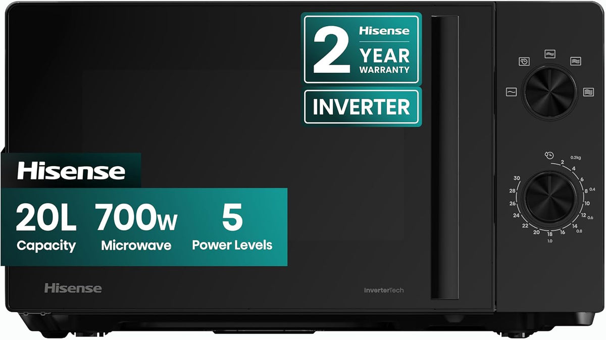 Hisense 700 Watts 20 Litre Inverter Microwave Oven H20MOBP1HIUK Black, Automatic Defrost, 5 power levels, Easy Clean, H24.1 x W43.4 x D32.9 cm Freestanding